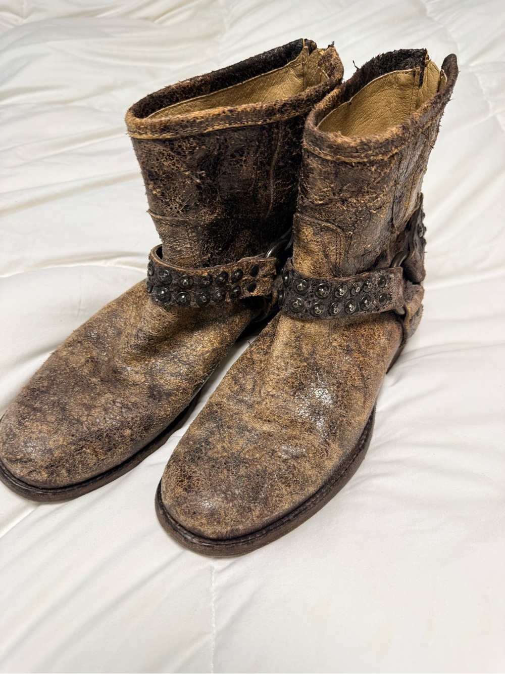 Frye Philip Moto Studded Distressed Brown Leather Ankle Boots - Picture 2 of 16